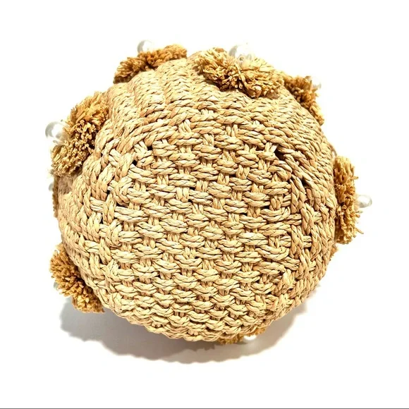 New NWT Woven Straw Pearl Round Bucket Bag - Picture 8 of 14
